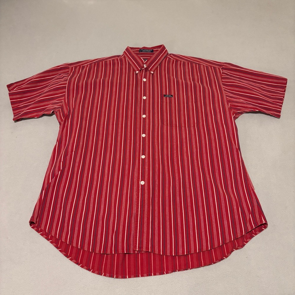 Chaps Ralph Lauren Mens XL Red Striped Short Sleeve Button Down Cotton Shirt